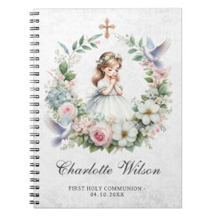 Praying Girl White Doves Floral First Communion Notebook