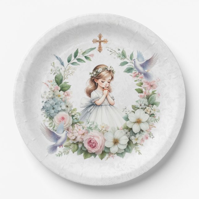 Praying Girl White Doves Floral First Communion Paper Plate (Front)