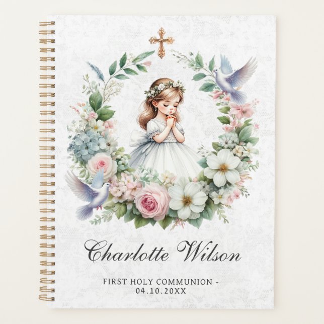 Praying Girl White Doves Floral First Communion Planner (Front)