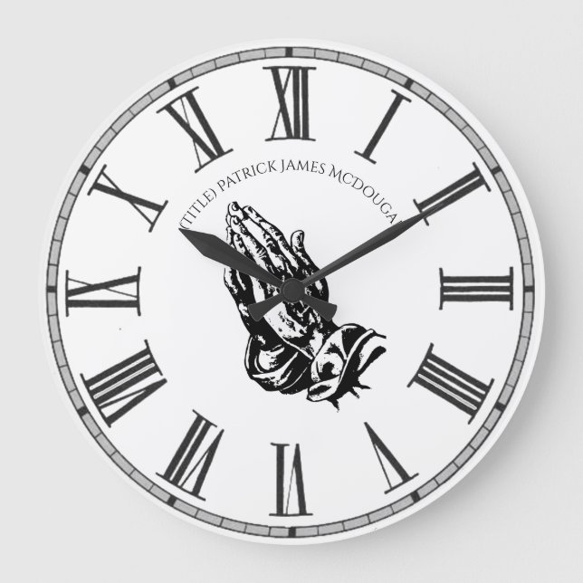 Praying Hands BlackWhite Personalised Church Faith Large Clock (Front)