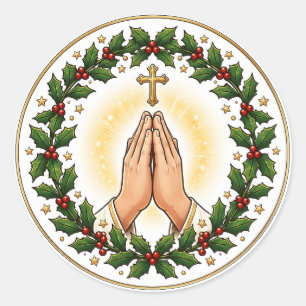 Praying Hands Christmas Holly Wreath Ceramic Classic Round Sticker