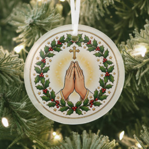 Praying Hands Christmas Holly Wreath Ceramic Glass Tree Decoration