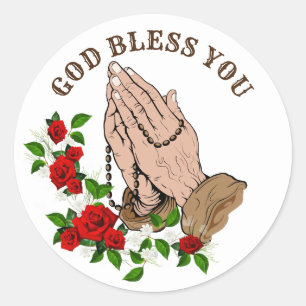 Praying Hands Rosary Red Roses God Bless You Classic Round Sticker