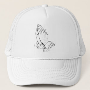 praying hands/white trucker hat