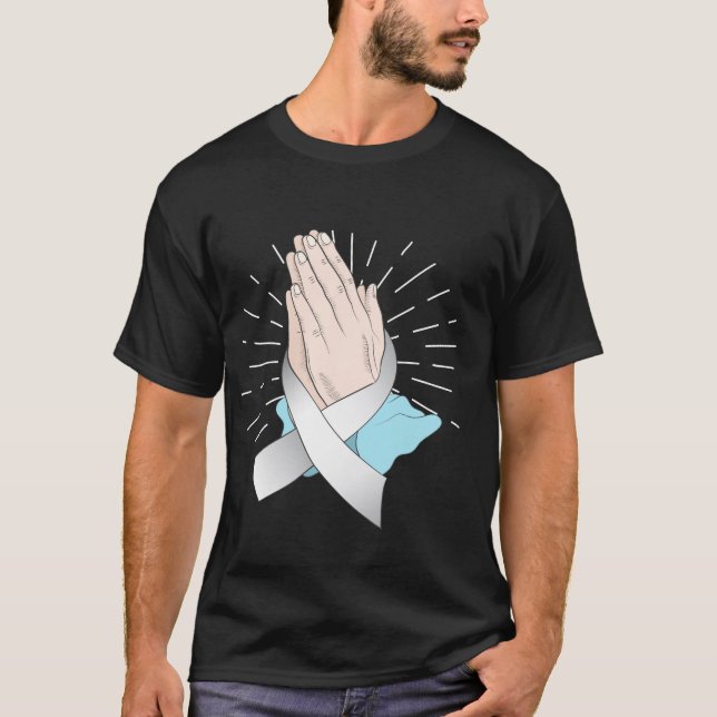 Praying Hands With Ribbon Lung Cancer Awareness T-Shirt (Front)