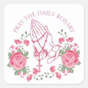 Praying Hands with Rosary and Pink Roses Square St Sticker