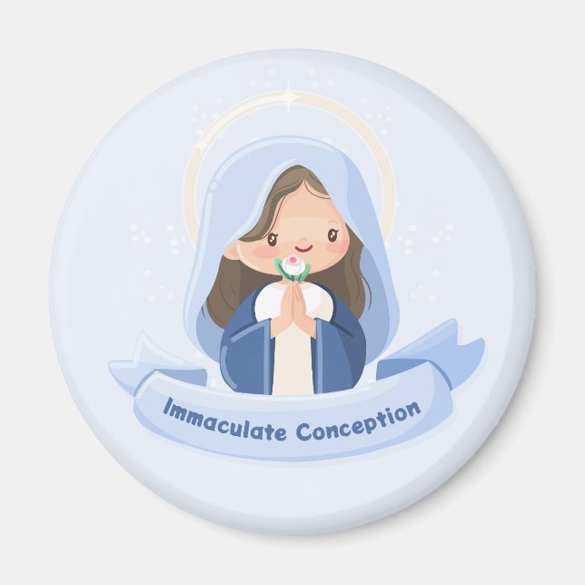 Praying Kawaii Virgin Mary with Flower-Light Blue Magnet (Front)