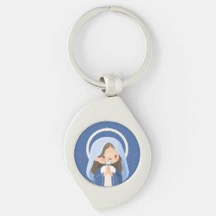 Praying Kawaii Virgin Mary with Flower – Navy Key Ring