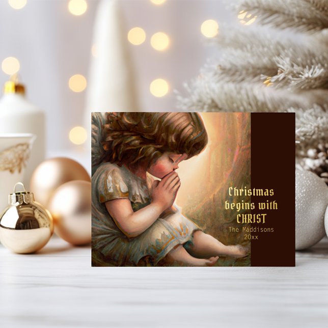 Praying Little Girl Angel Radiant Light Halo Foil Holiday Postcard (Creator Uploaded)