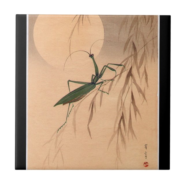 Praying Mantis and the Moon Japanese Art c. 1800s Tile (Front)