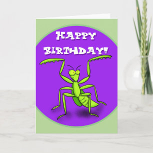 Praying mantis cartoon birthday card. card