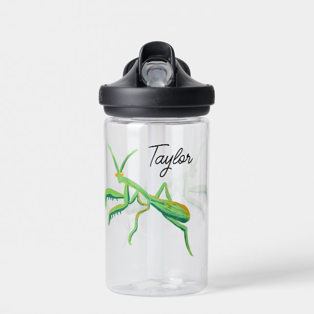Praying Mantis in Bright Green Personalised Water Bottle (Front)