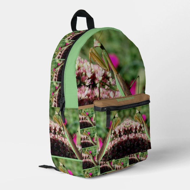 Praying Mantis On Sedum Flower Personalised Printed Backpack (Back Corner Left)