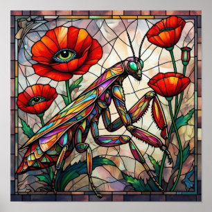 Praying Mantis Poppy Flower Stained Glass Insect Poster