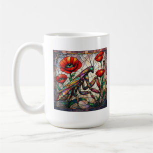 Praying mantis stained glass vibrant poppy flower coffee mug