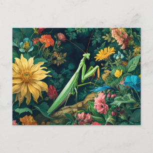 Praying Mantis with Dahlias and Other Garden Bloom Postcard
