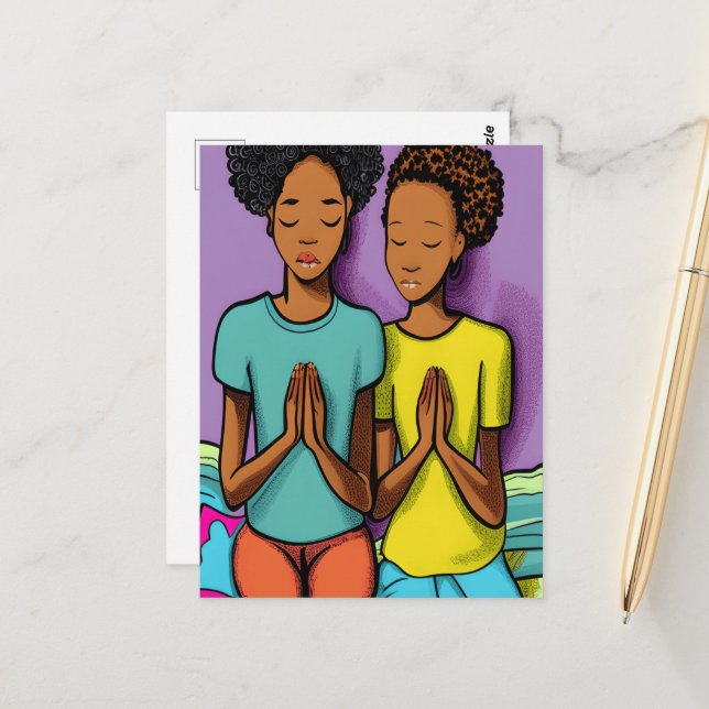 Praying Together Black Christian Art Postcard (Front/Back In Situ)