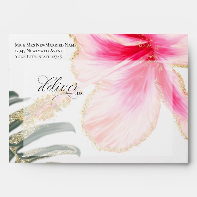 Pre-Addressed Tropical Pink Flower  Envelope (Front)