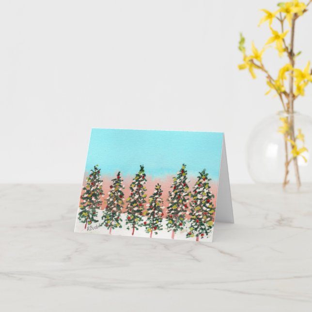 Pre-dawn row of colourful Christmas trees Card (Yellow Flower)
