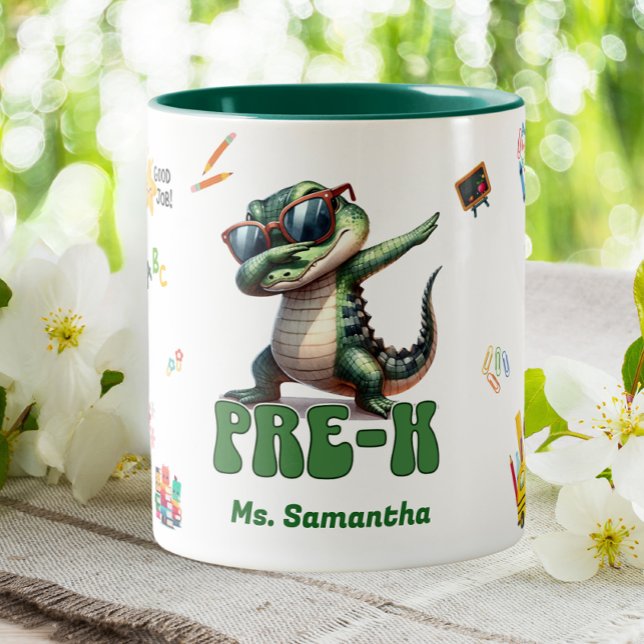 Pre-K Grade Elementary Teacher Dabbing Alligator Two-Tone Coffee Mug (Creator Uploaded)