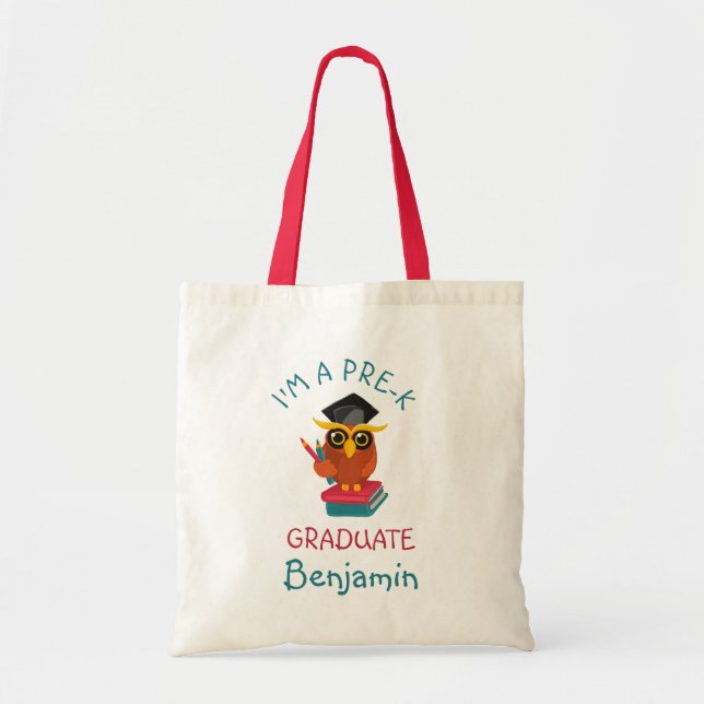 Pre-K Graduate 2023 Owl Funny Graduation Name Fun Tote Bag (Front)