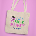 Pre-K Graduate Cute Pink Owl Custom Graduation Tote Bag<br><div class="desc">A cool personalised preschool graduation tote bag for a little girl graduating from Pre-K and moving on to kindergarten. It features a cute pink owl wearing a graduation cap and carrying a scroll next to a fun font in pretty blue,  green,  and pink.</div>