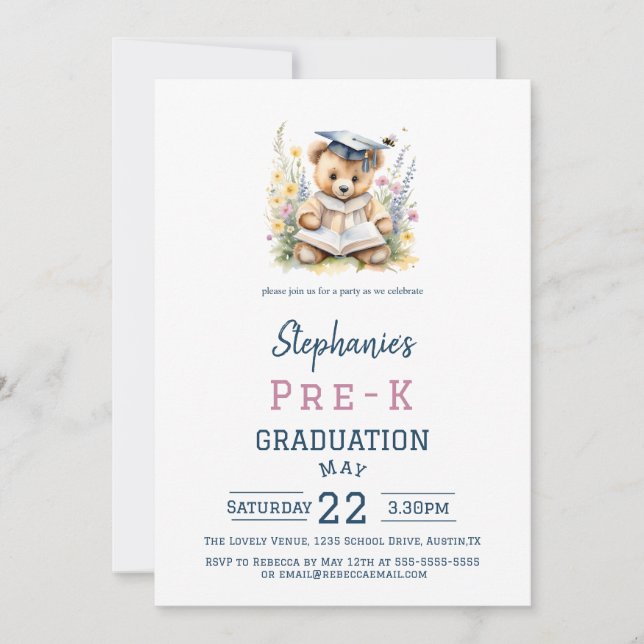 Pre-K Graduation Party Cute Teddy Bear & Flowers Invitation (Front)