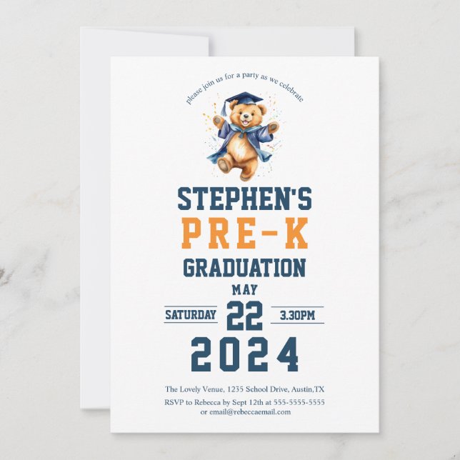 Pre-k  Graduation Party Cute Teddy Bear  Invitation (Front)