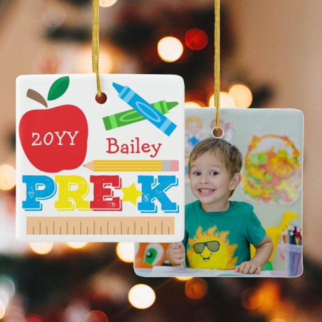 Pre-K Preschool Keepsake Apple Crayon Pencil Photo Ceramic Ornament (Creator Uploaded)