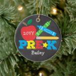 Pre-K Preschool Keepsake Apple Crayons Chalkboard Ceramic Tree Decoration<br><div class="desc">Pre-K ornament design features an apple, a pencil, colorful crayons and bold, fun typography! Click the customize button for more options for modifying the text! Variations of this design, additional colors, as well as coordinating products are available in our shop, zazzle.com/store/doodlelulu. Contact us if you need this design applied to...</div>