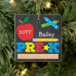 Pre-K Preschool Keepsake Chalkboard Colorful Ceramic Ornament<br><div class="desc">Pre-K ornament design features an apple, a ruler, crayons and bold, colorful fun typography! Click the customize button for more options for modifying the text! Variations of this design, additional colors, as well as coordinating products are available in our shop, zazzle.com/store/doodlelulu. Contact us if you need this design applied to...</div>