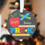 Pre-K Preschool Keepsake Chalkboard Colourful Ornament<br><div class="desc">This Pre-K ornament features an apple, a ruler, crayons and bold, colourful fun typography! Click the customise button for more options for modifying the text! Variations of this design, additional colours, as well as coordinating products are available in our shop, zazzle.com/store/doodlelulu. Contact us if you need this design applied to...</div>