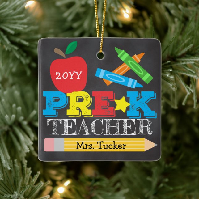 Pre-K Preschool Teacher Keepsake Bright Chalkboard Ceramic Ornament (Tree)
