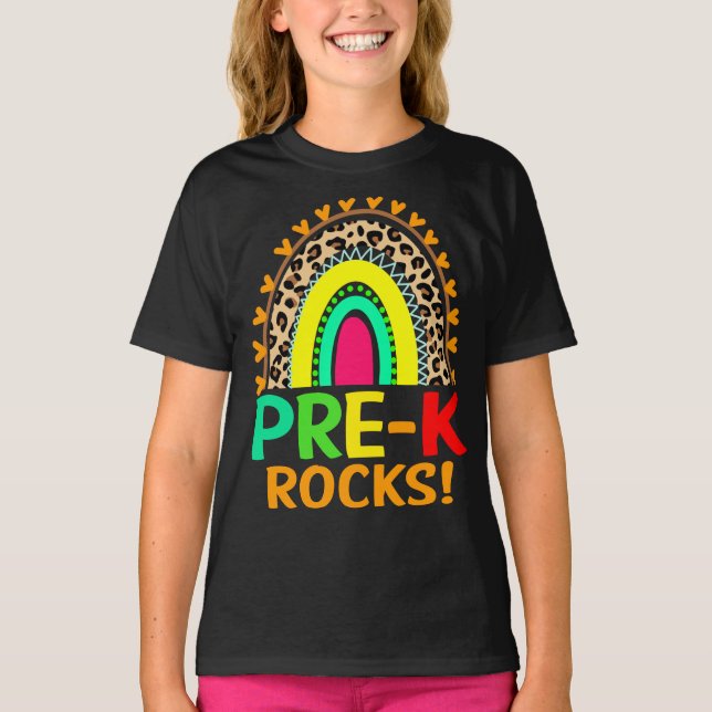 Pre-K Rocks Rainbow Leopard Back To School T-Shirt (Front)
