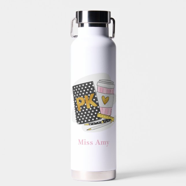 Pre K Teacher Custom Black Notebook Heart Coffee Water Bottle (Front)