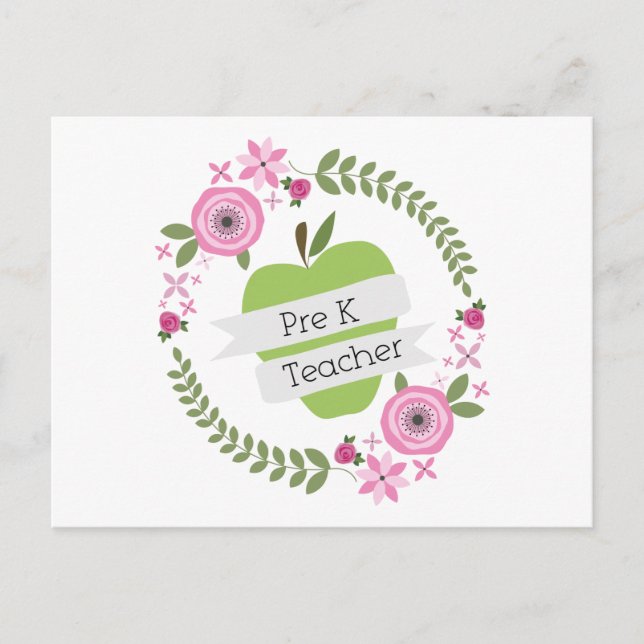 Pre K Teacher Floral Wreath Green Apple Postcard (Front)
