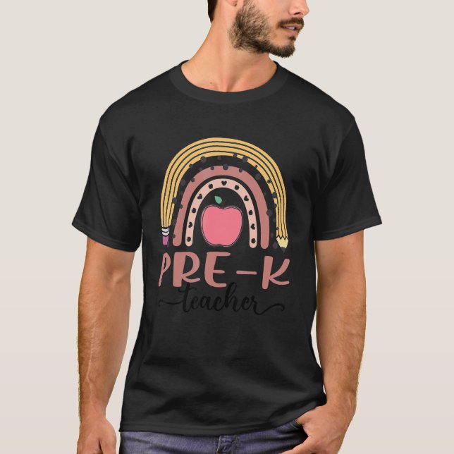 Pre K Teacher Leopard Boho Rainbow Back To School T-Shirt (Front)