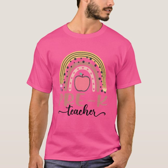 Pre K Teacher Leopard Boho Rainbow Back To School T-Shirt (Front)