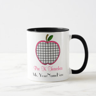 Pre K Teacher Mug - Grey Gingham Apple w Pink