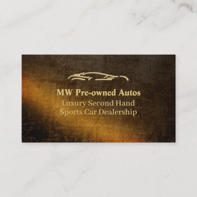 Pre-owned Autos, gold sports car, leather-effect Business Card (Front)