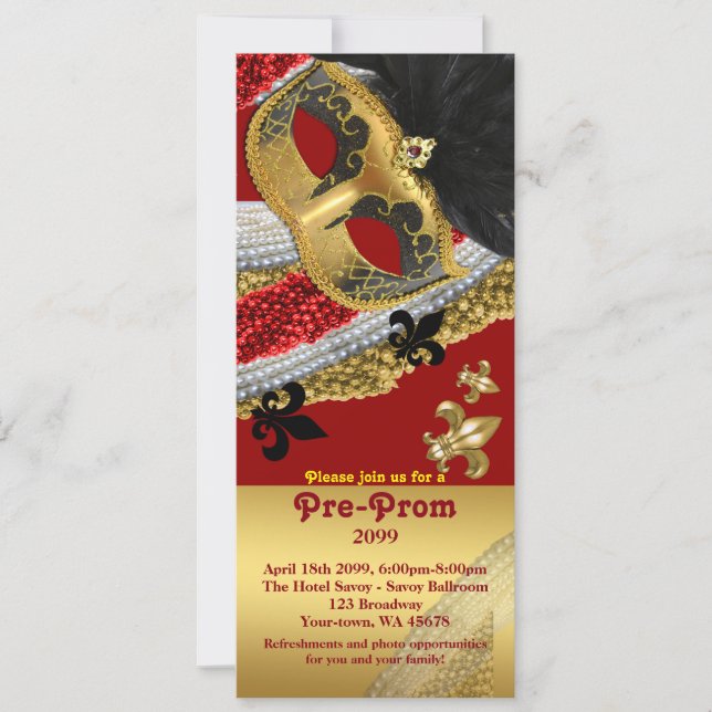 Pre-Prom Invitation Ticket,Pre Prom, masquerade (Front)