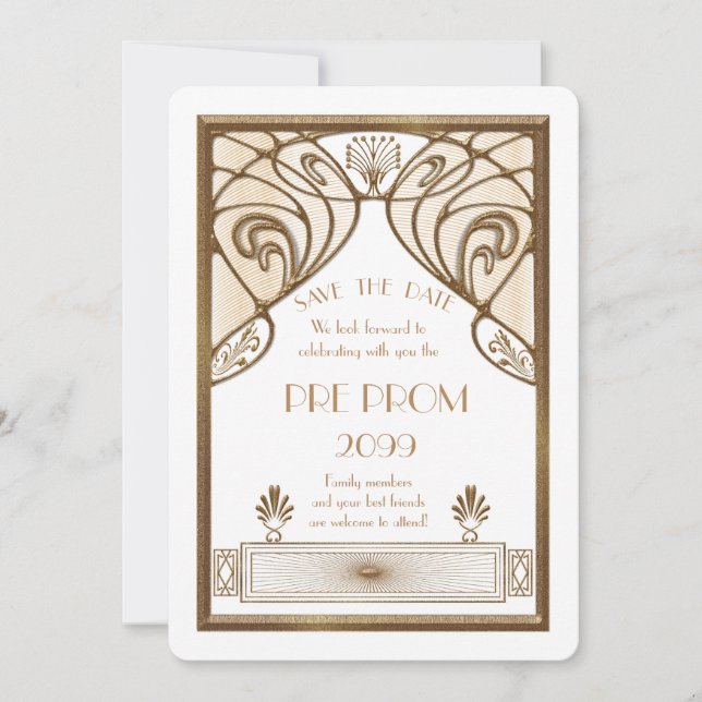 Pre Prom Junior, Great Gatsby, Gold, white Save The Date (Front)
