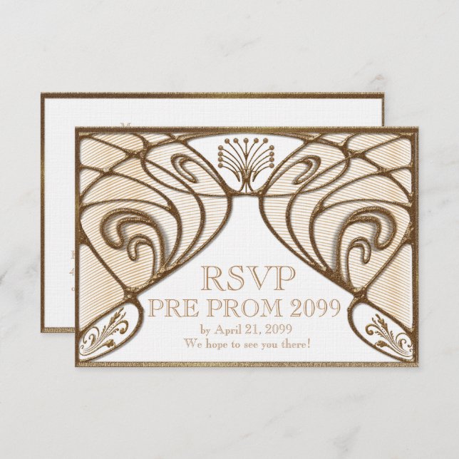 PRE PROM RSVP, Great Gatsby, gold on white Invitation (Front/Back)