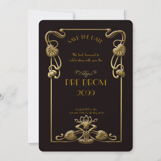 Pre PromJunior, Great Gatsby, Gold, black Save The Date (Front)