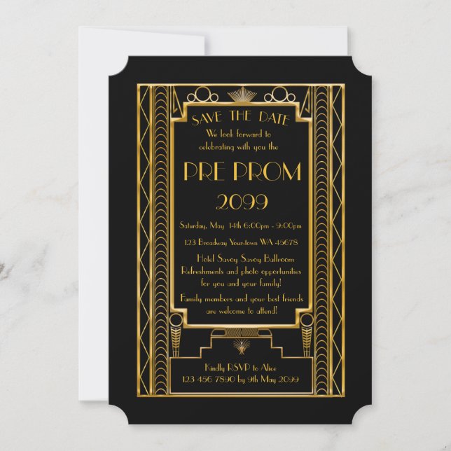 Pre PromJunior, Great Gatsby, Gold,Black Save The Date (Front)