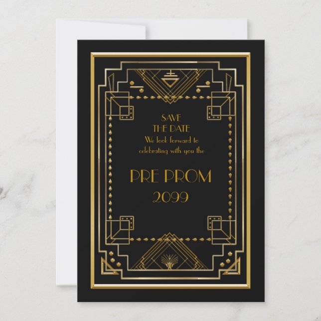 Pre PromJunior, Great Gatsby, Gold, Black Save The Date (Front)