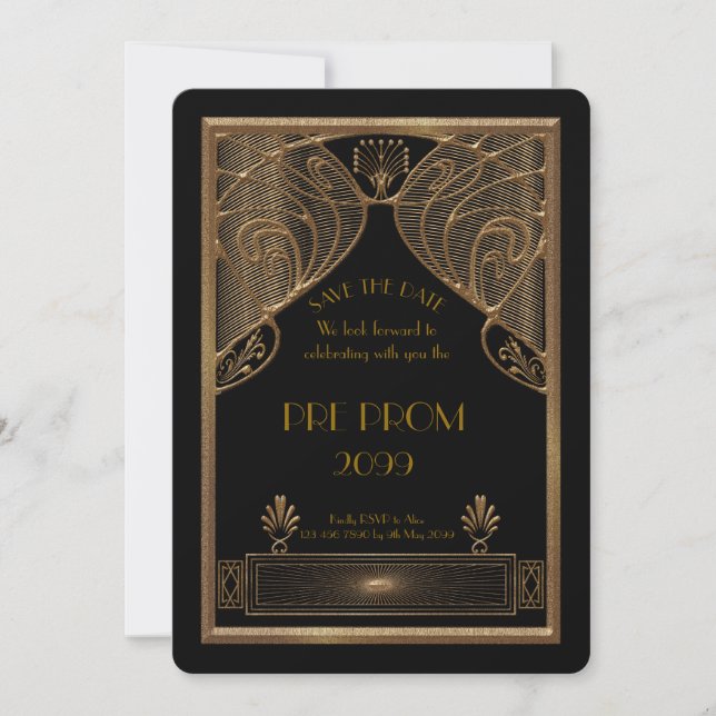 Pre PromJunior, Great Gatsby, Gold, black Save The Date (Front)