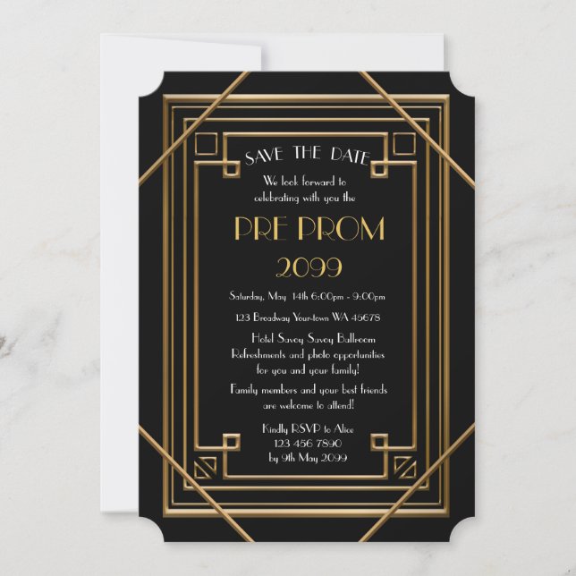 Pre PromJunior, Great Gatsby, Gold,Black Save The Date (Front)