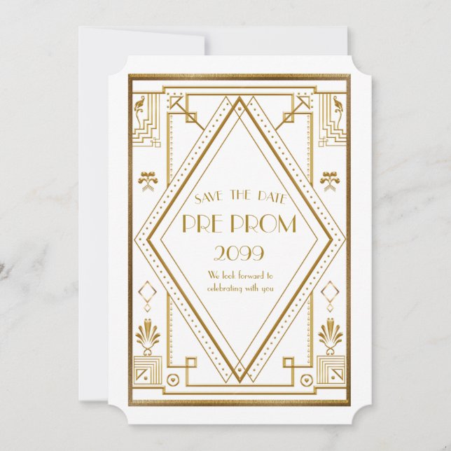 Pre PromJunior, Great Gatsby, Gold,white Save The Date (Front)