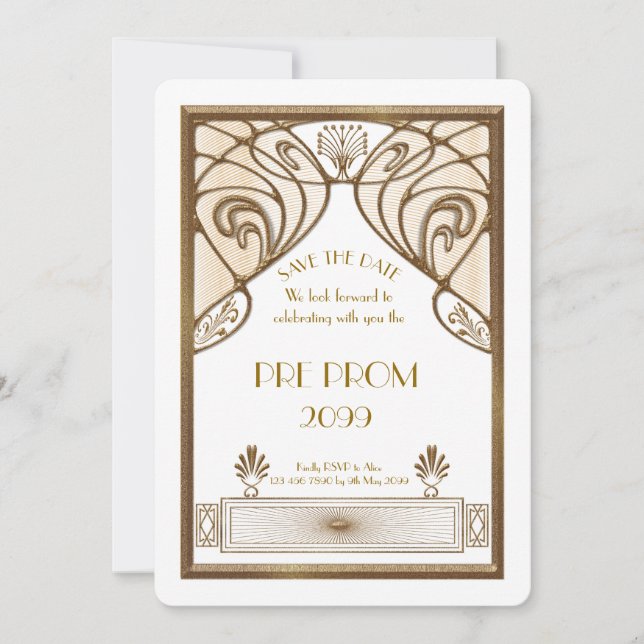 Pre PromJunior, Great Gatsby, Gold, white Save The Date (Front)
